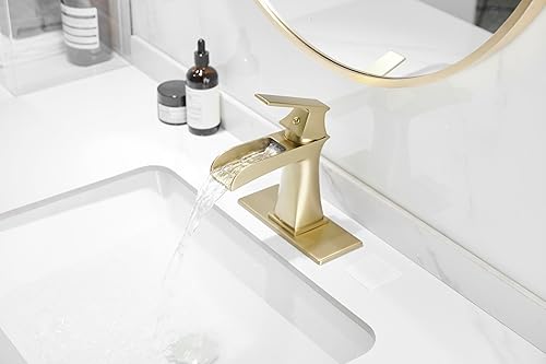 Miniatura 2 de Grifo de baño dorado de 3 agujeros, grifo de lavabo de cascada generalizado con drenaje desplegable y mangueras de suministro de agua, grifo de