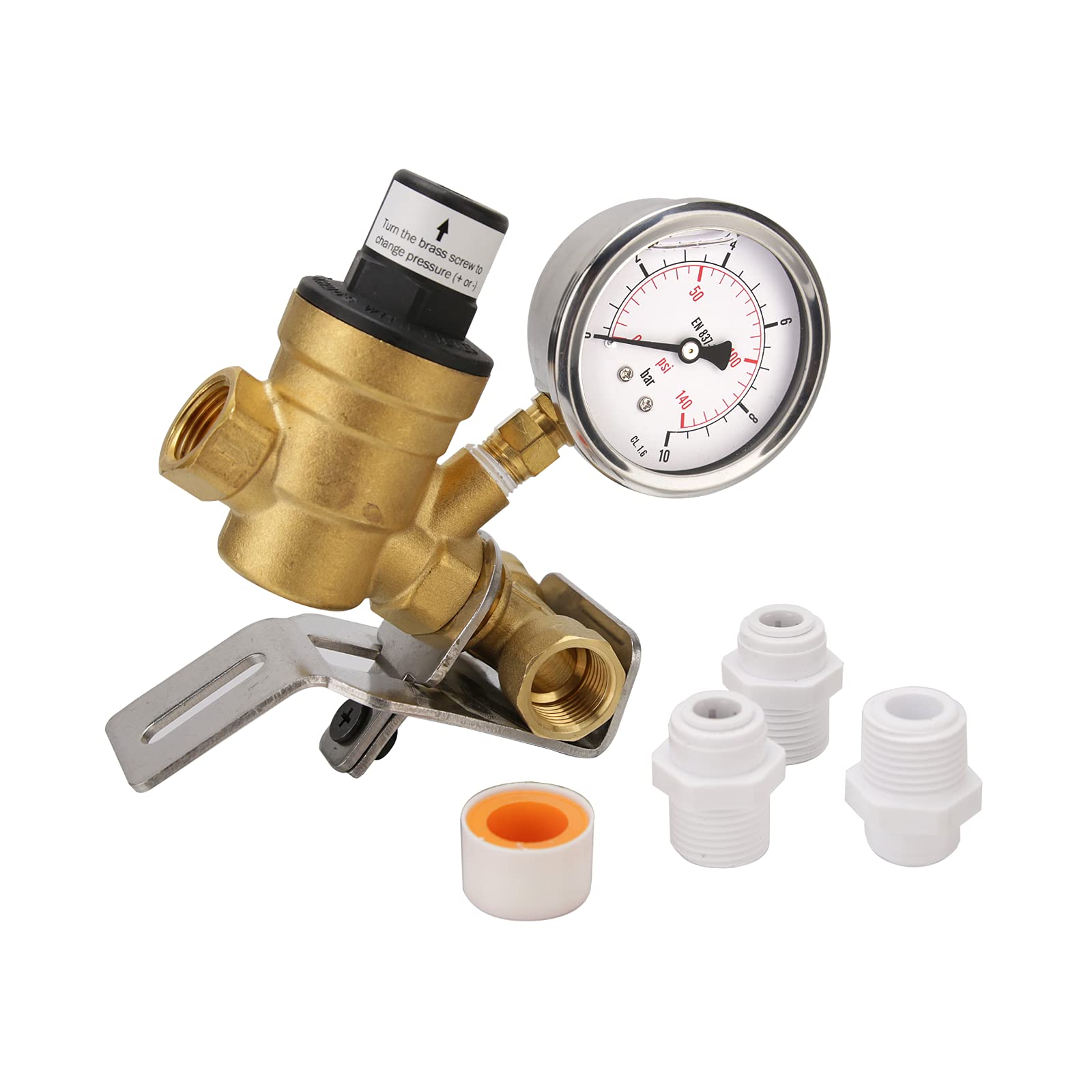 Solimeta Adjustable Brass Pressure Regulator, Pressure Reducer with Liquid Filled Pressure Gauge 0-145 psi, Multiple Use