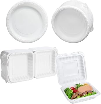 Clamshell Take Out Containers 55-pack 34oz and 9 Inches 150-pack Plastic Disposable Plates