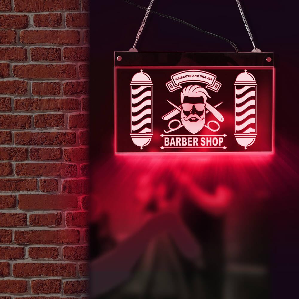 The Geeky Days Custom Barber Shop LED Neon Sign with Remote Control 7 Color Changing Light Barber Pole Styling Logo Haircuts And Shaves Acrylic Hanging Decorative Board Hairdresser Gift