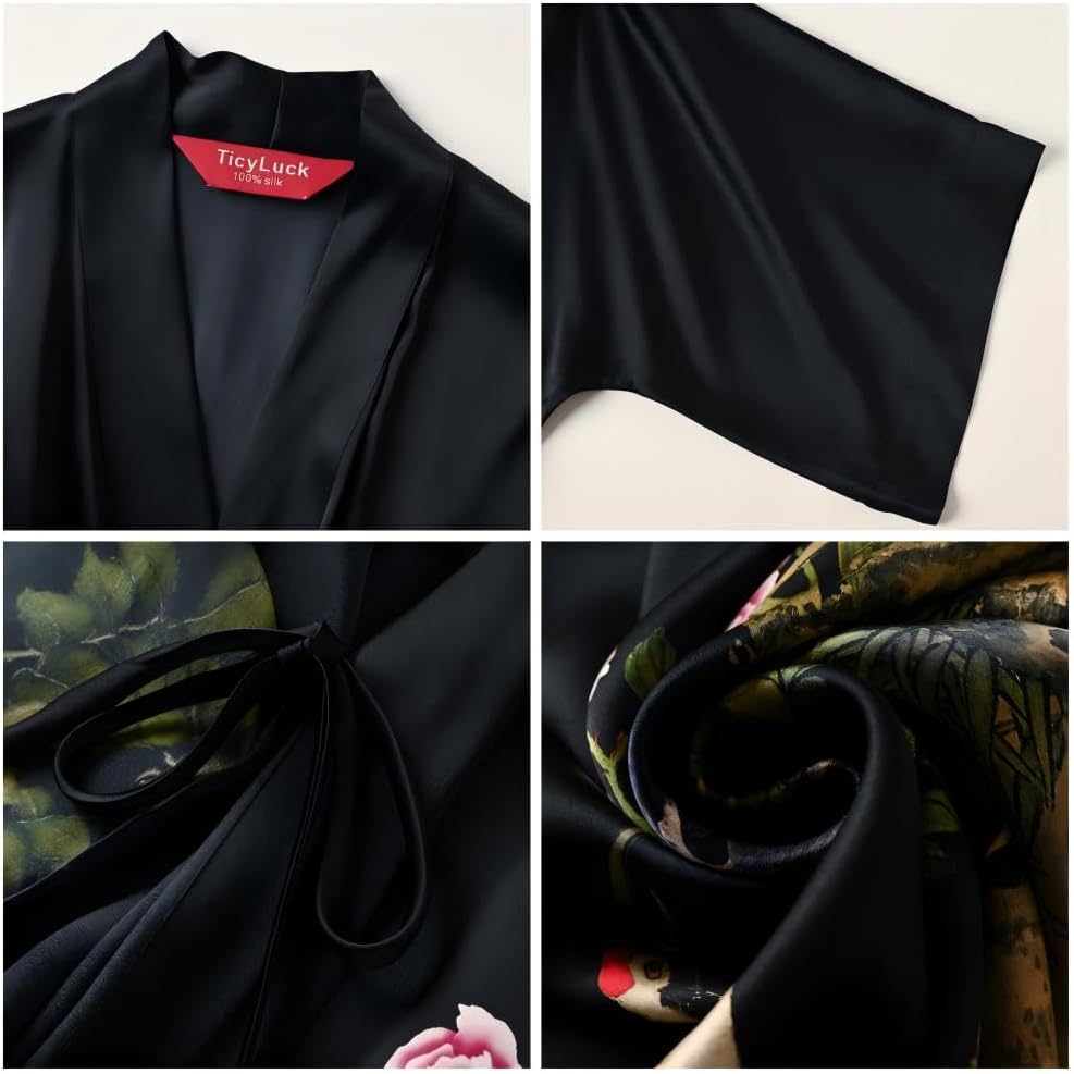 Women's Silk Kimono Robe Long Bathrobe Nightgown 100% Mulberry Silk for Women - Classic Floral Pattern - Image 3