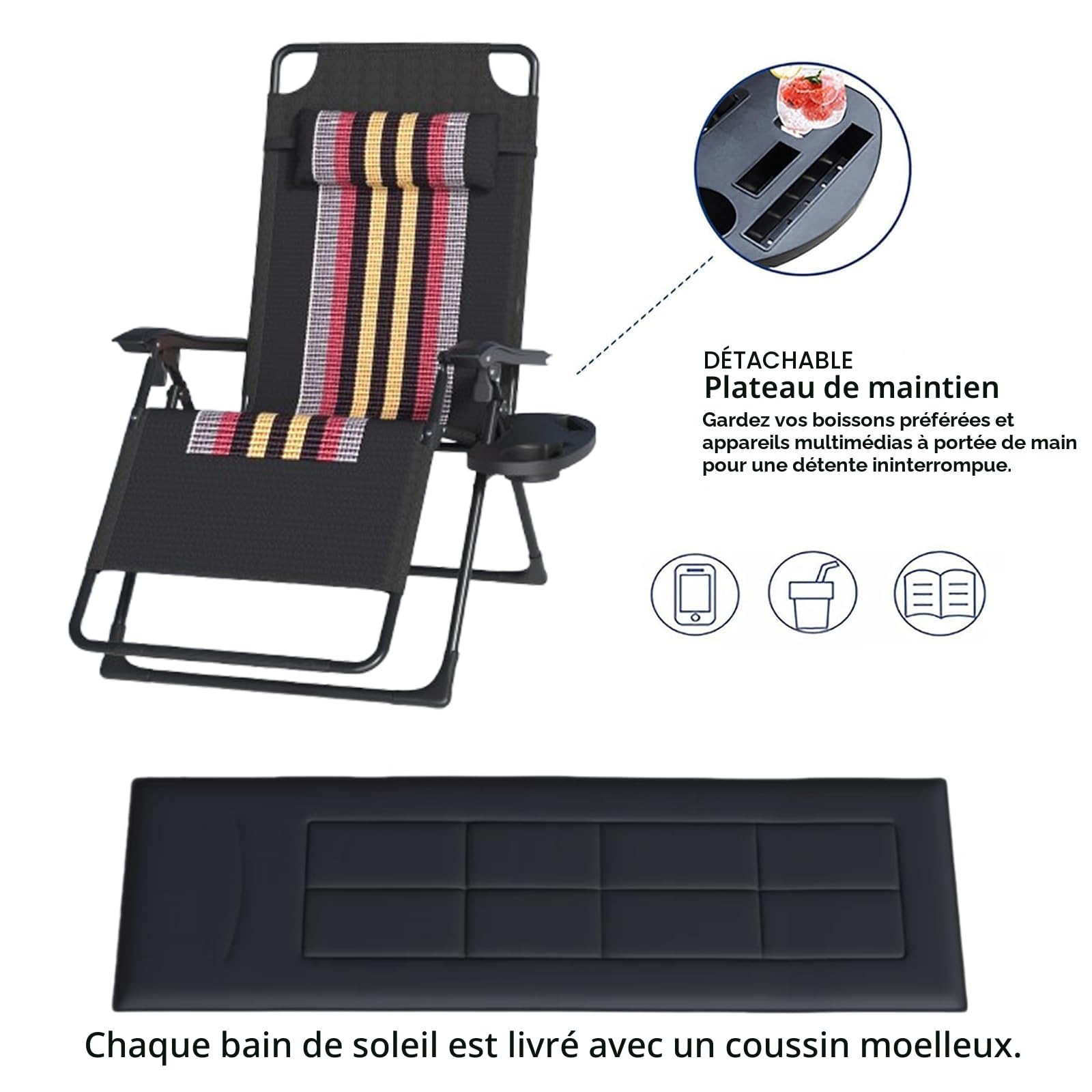 Chaise Longue Jardin Extérieur, Chaise Longue Pliante avec Appui-tête et Porte-Gobelet, Chaises Longues Jardin Extérieur, Transat Pliant pour Balcon, Terrasse, Patio, Bande avec Coussin