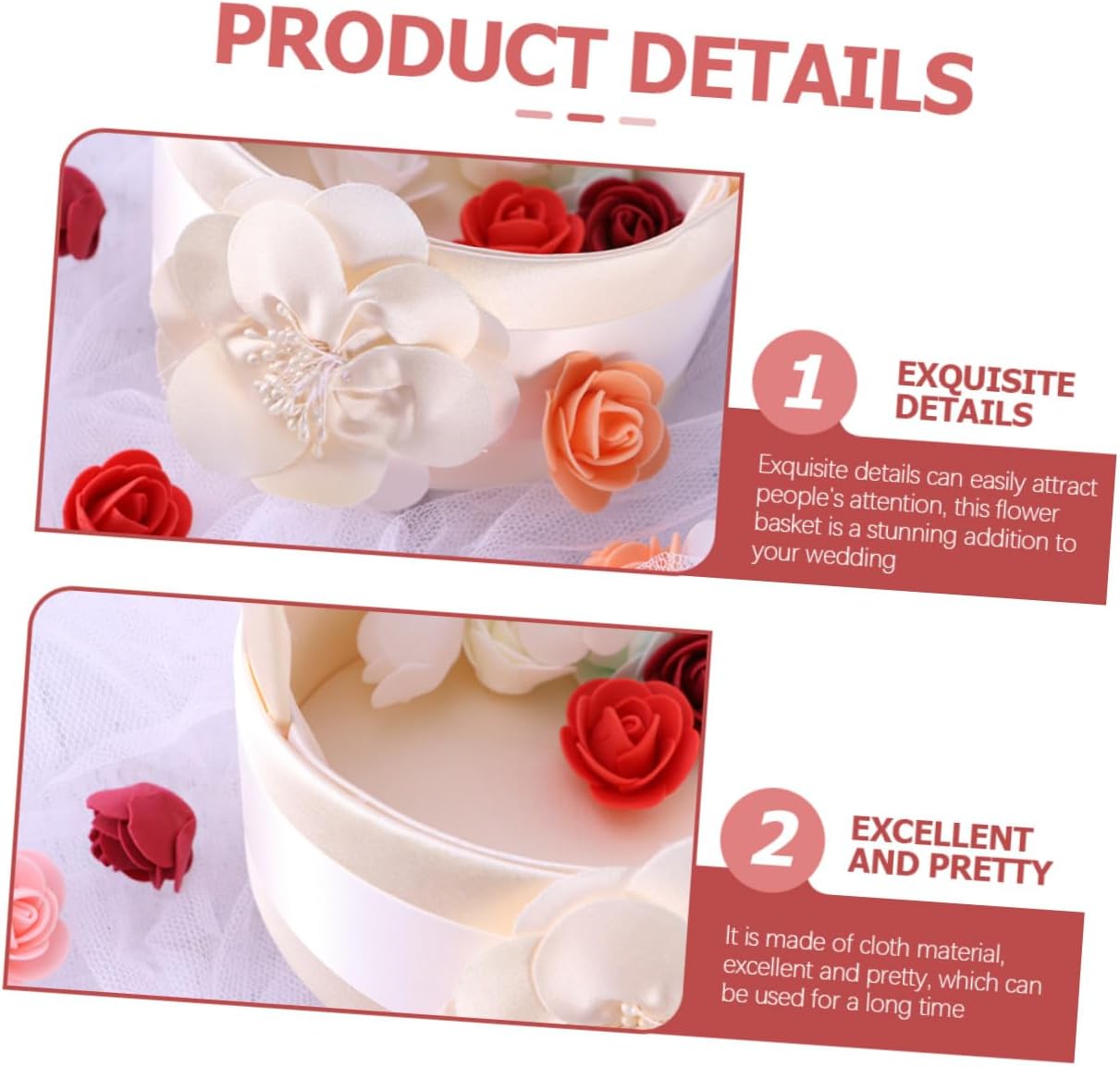 KICHOUSE Satin Flower Girl Basket Set of 2 round Floral Petal Holder for Wedding Ceremony Bridal Flower Basket Elegant Wedding Supplies Decoration