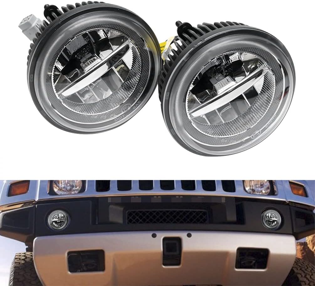 H2 LED Fog DRL Daytime Running Lamp Light Assembly for H-ummer H2 2003 2004 2005 2006 2007 2008 2009 12V/10W Xenon White LED Halo Ring Driving Running Lights Lamps CE/E4/RoHs OEM 15258697 15205899