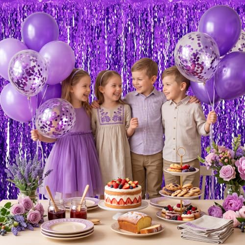 Image of TONIFUL 2Pcs Laser Wavy Purple Metallic Tinsel Foil Fringe Curtain Streamer | 3.3ftx6.6ft Photo Booth Backdrop Door Streamer Curtain, Props for Bachelorette Mermaid-Themed Birthday Graduation Decoration