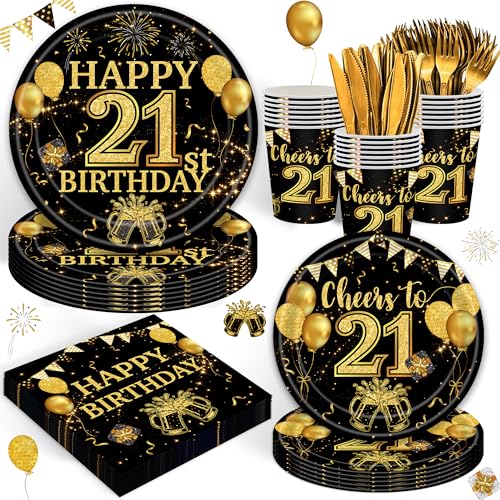 120PCS 21th Birthday Decorations for Boys 21 Years Old Birthday Decorations Sweet 21 Plates Napkins Tablecloth for Boys Girls 21th Birthday Party Supplies