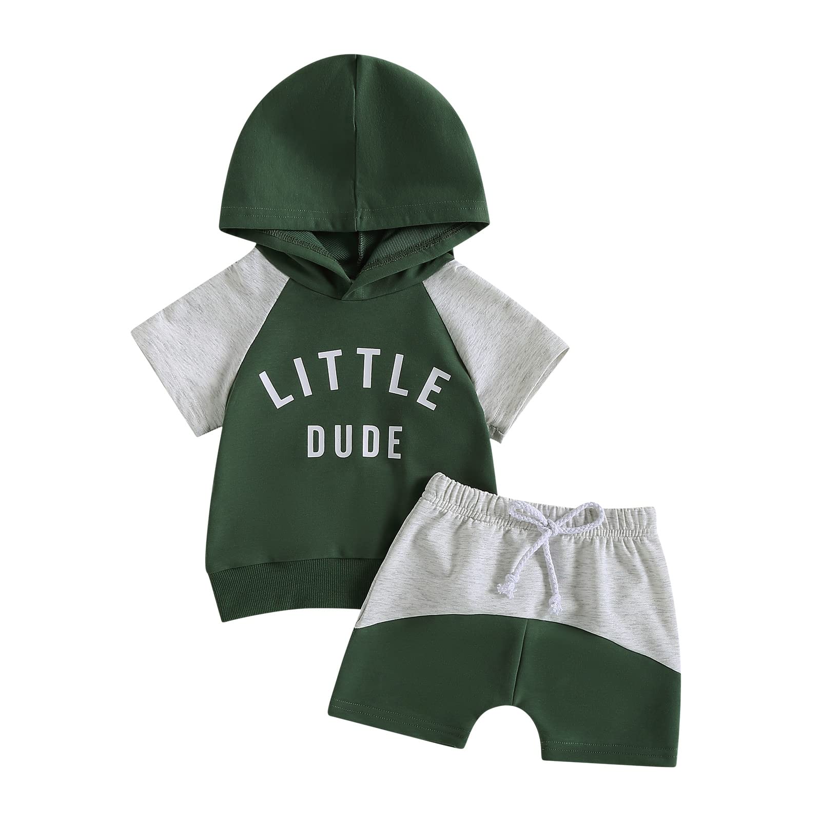 LIOMENGZI Infant Baby Boy Summer Outfits Hooded Color Block Clothes Little Dude Print Shorts Set Toddler Causal Shorts Outfits (Green, 6-12 Months)