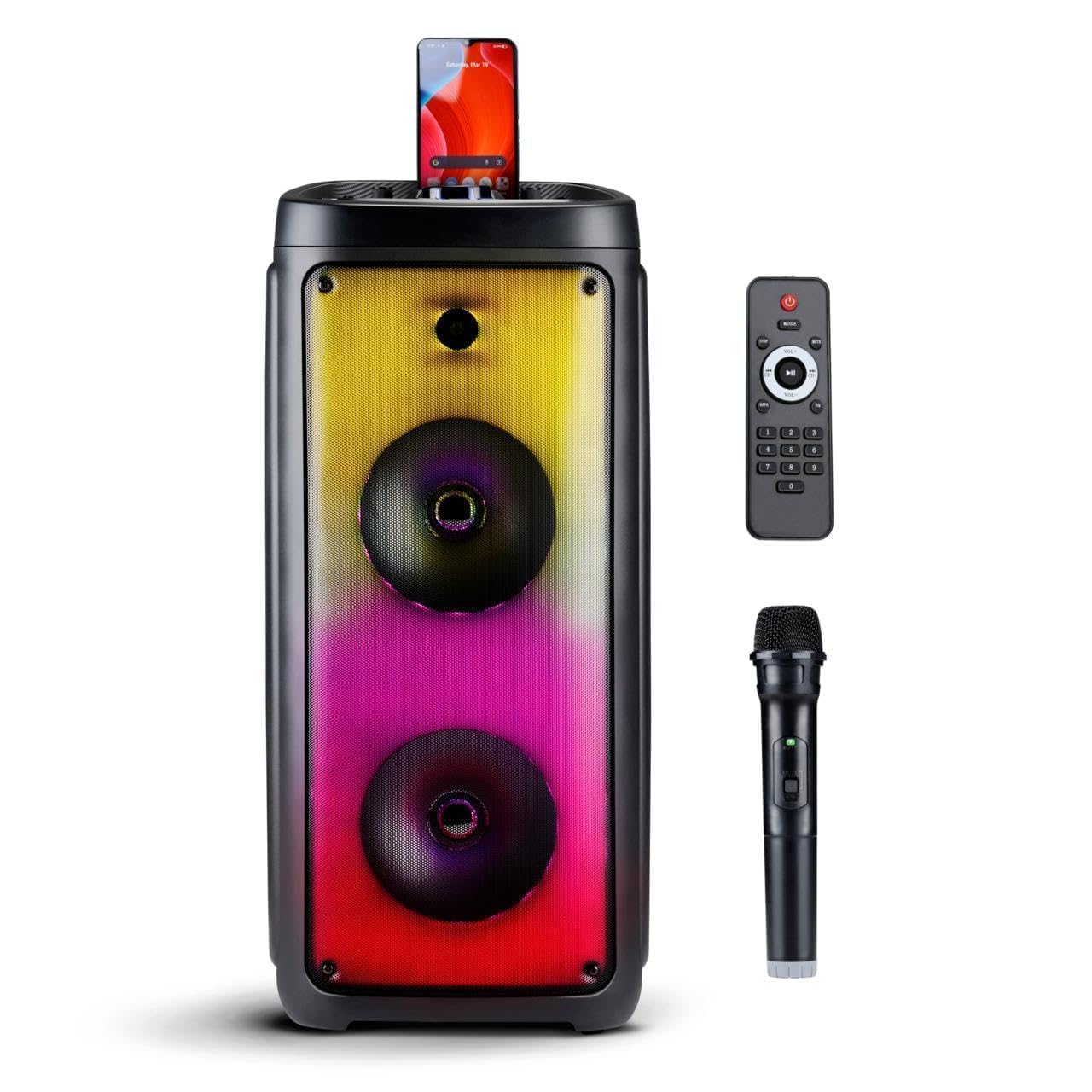 Głośnik Bluetooth z mikrofonem – pozytywka z nastrojowym oświetleniem – pudełko imprezowe i mikrofon do karaoke – Soundboks z Bluetooth, wejścia AUX i USB – łatwy do przenoszenia z uchwytem – czarny