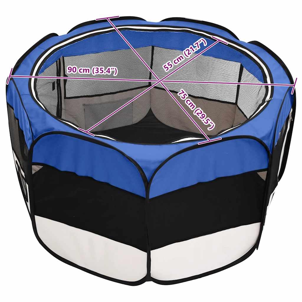 Parque plegable para cachorros con bolsa de transporte, color azul, 90 x 90 x 58 cm, marco de metal estable, plegable y portátil, ideal para entrenamiento, protección y seguridad en el
