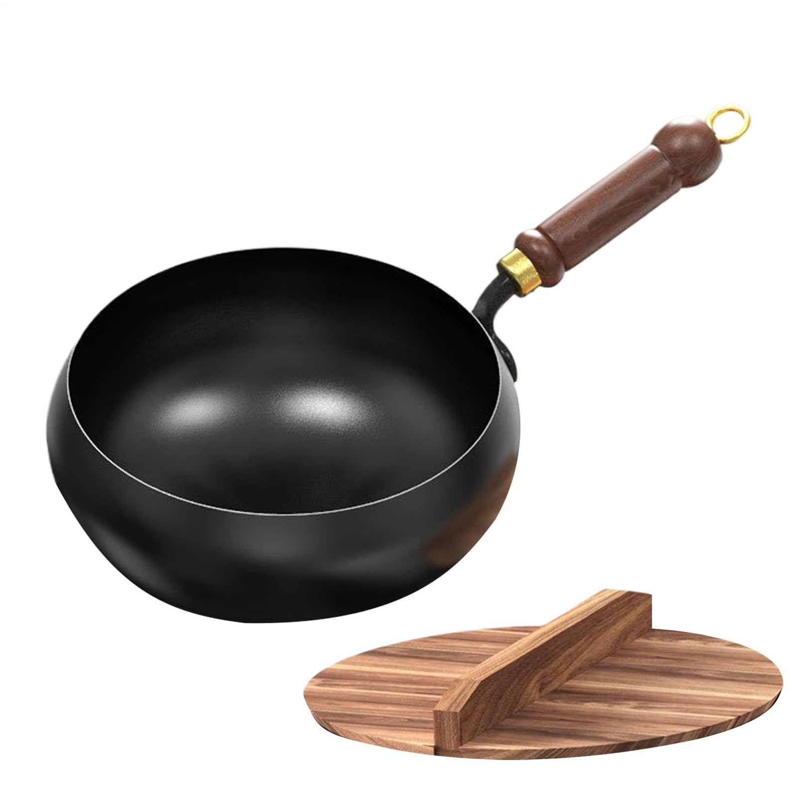 Padella in ferro forgiato a mano, 24 cm, con manico in legno, per wok tradizionale cinese, senza rivestimento, per cottura a induzione e a gas, effetto antiaderente naturale, con manico in