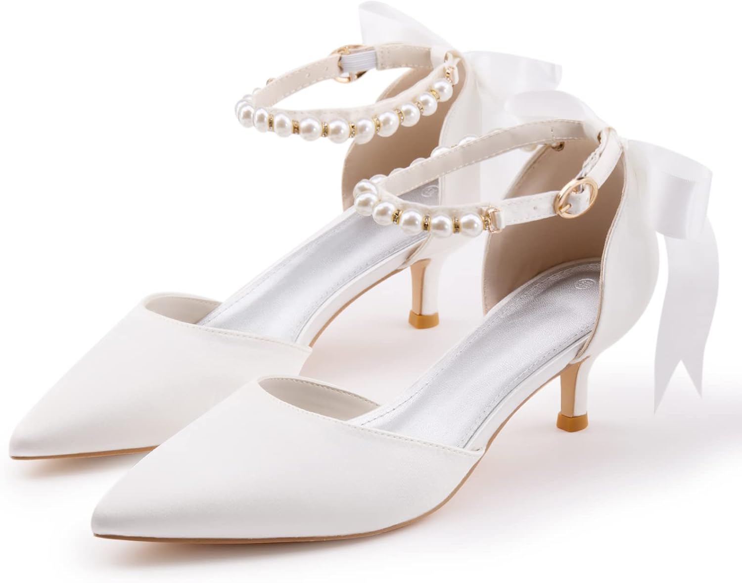 Coutgo Womens Pearl Ankle Strap Pumps Low Kitten Heel D'Orsay Satin Back Tieknot Heels Pointed Toe Wedding Party Dress Shoes - Image 3