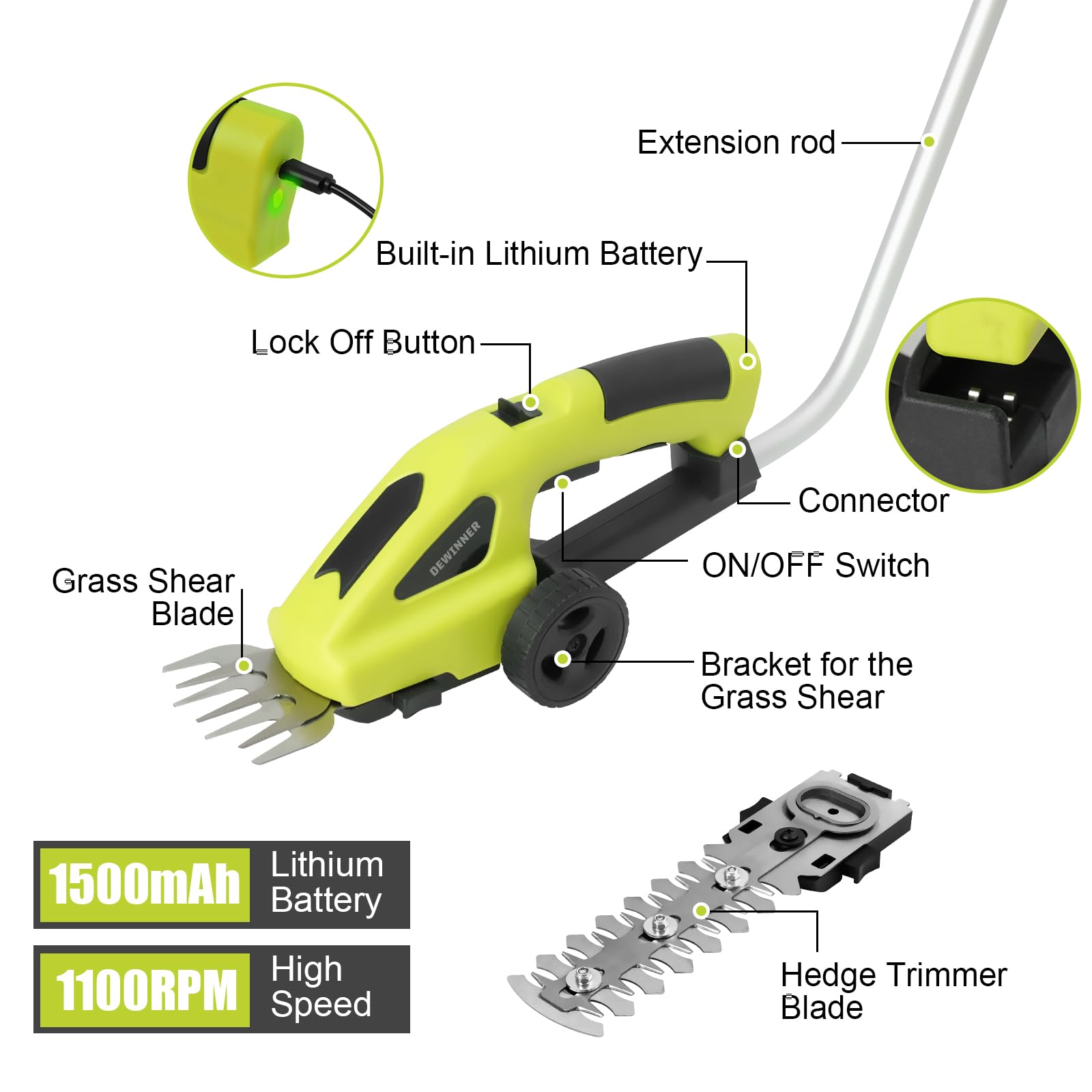 DEWINNER 3 en 1 Cisailles à Gazon, Batterie 3.6V, Cisaille à Gazon avec 2 Lames, Cisaille de Jardin pour Couper Les Haies, Les pelouses, Largeur/Longueur de Coupe 10cm/15cm, Comprend Un Chargeur