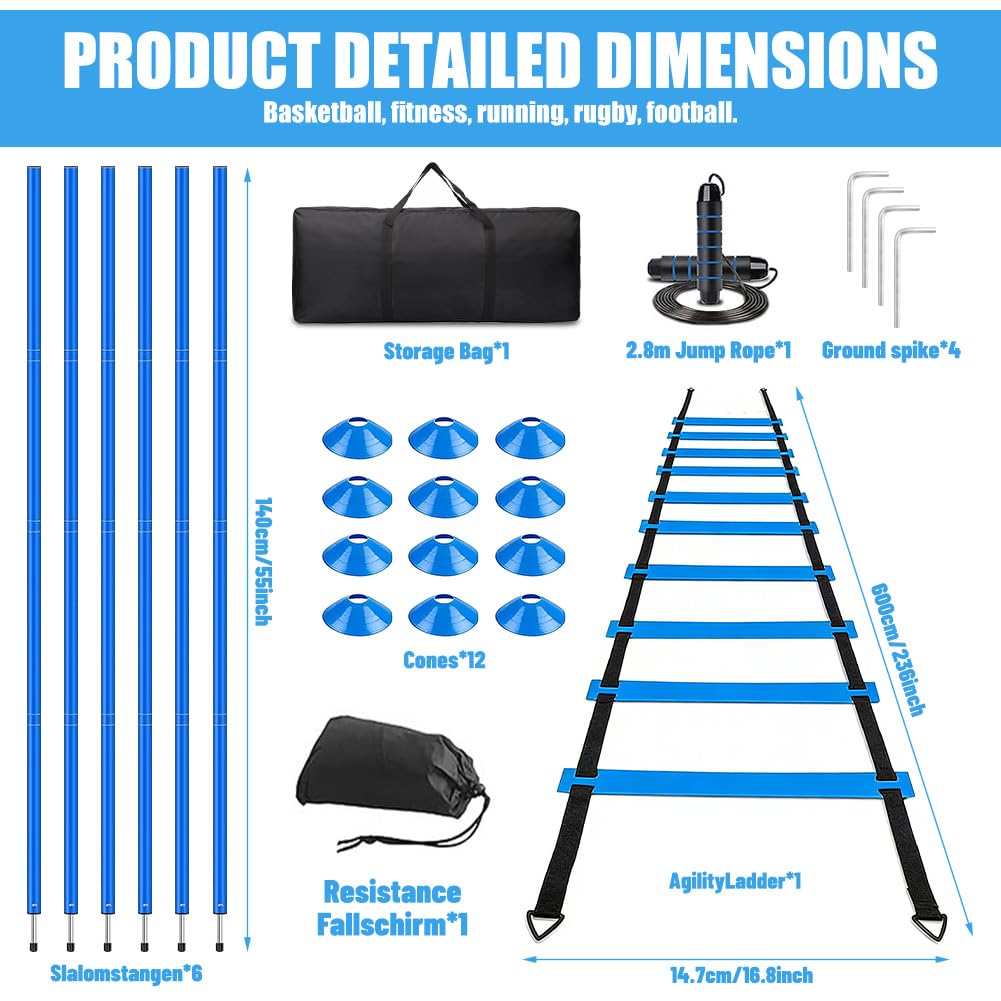Set di accessori per allenamento da calcio, 6 aste per slalom, scala di coordinazione, 6 m, 12 cappelli, corda per saltare e paracadute per allenamento di coordinazione