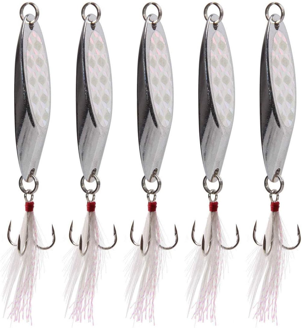 OROOTLFishing Spoons Lures, 5pcs Metal Spoon Fishing Lures with Feathered Treble Hooks 3/16oz-1oz Jigging Spoons Bait for Bass Trout Pike Walleye Saltwater Freshwater
