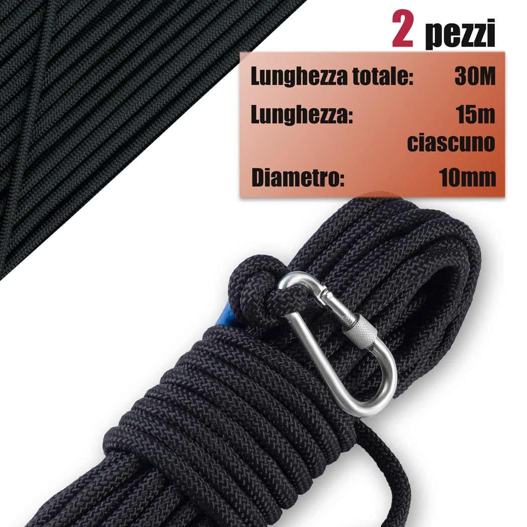 Corda Nylon 30M,10mm x 15M,confezione da 2, Fune con Moschettone,Nero