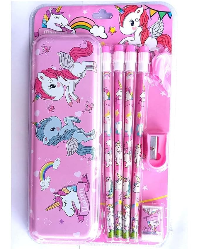 Image of Kidox Stationery Set for Kids- Birthday Gift for Girls, Boys - Metal Geometry Box for Girls & Boys Kids Pencil Box Set, Pencil Case Set, Pencil, Erasers, Sharpener for Children (Unicorn)
