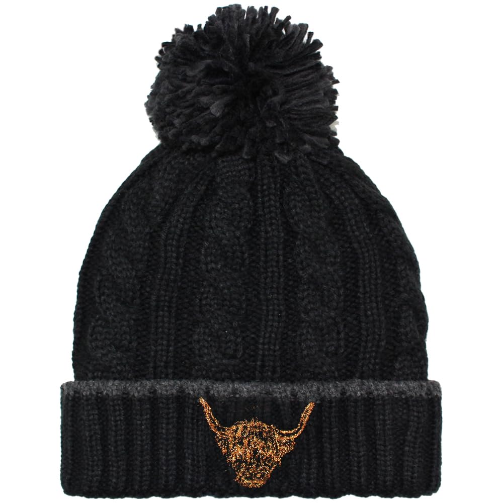 Teddyt's Men's Black Highland Cow Embroidered Fleece Lined Bobble Hat (Black)