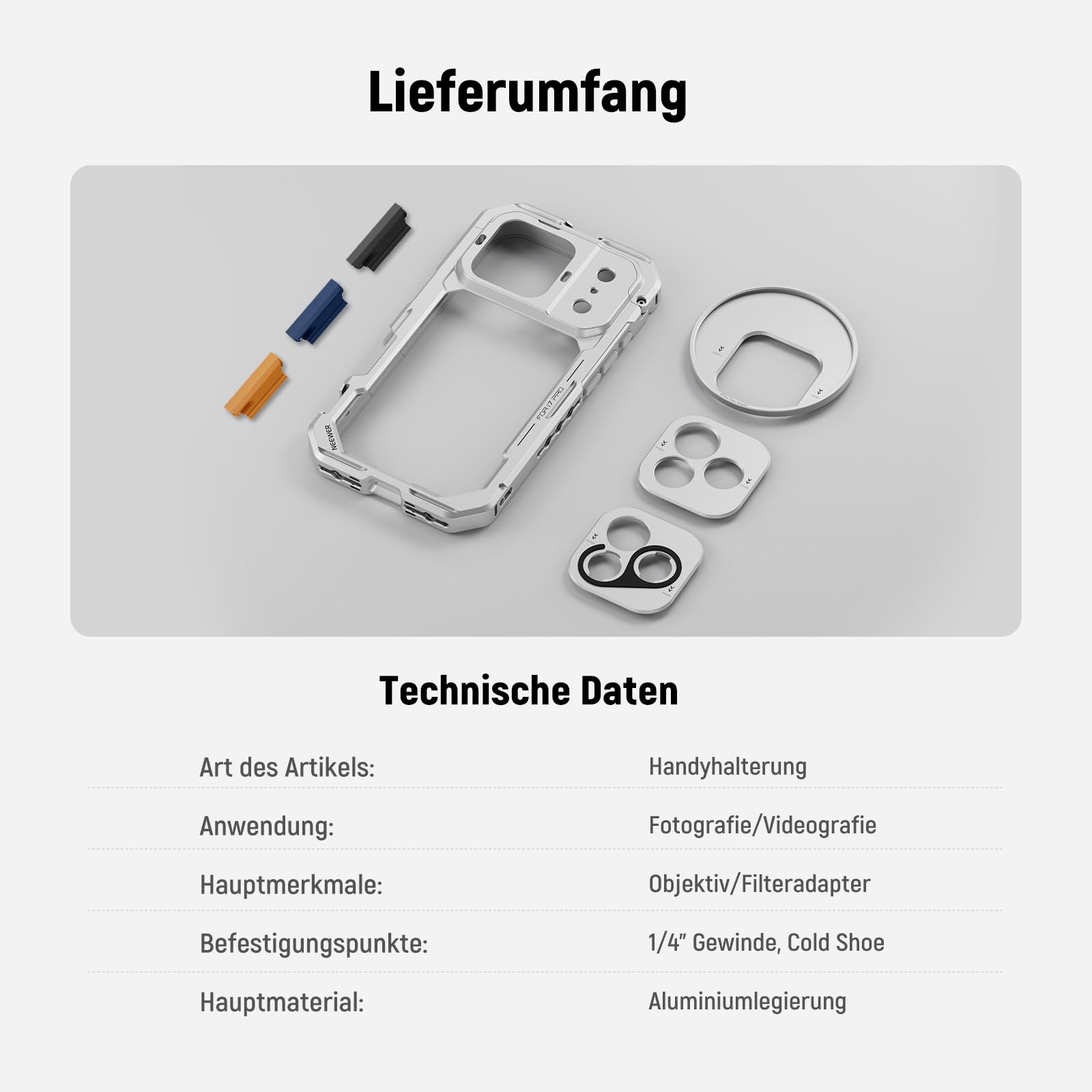 NEEWER Phone Käfig Cage Kompatibel mit iPhone 17 Pro, Schnellwechsel Video Rig Handy Stabilisator Zubehör mit 67mm Filterring, 17mm Objektivrückplatte, T Mount Adapter, PA143 (Silver)