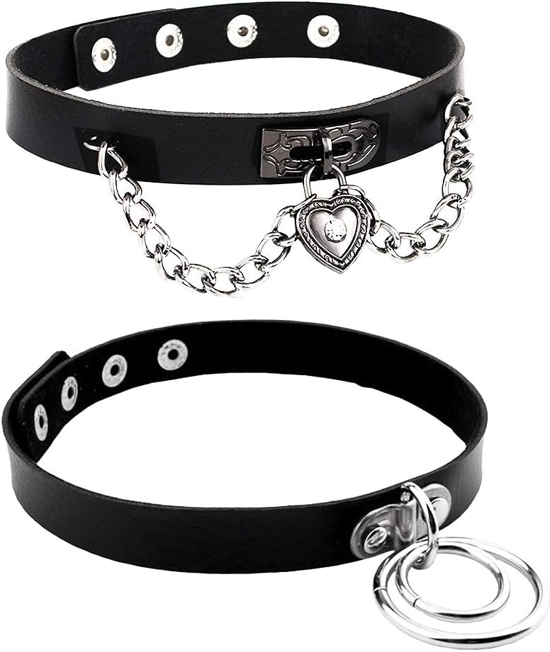 Jurxy 2 PCS Heart Choker Necklace PU Leather Goth Choker Collar Lock Punk Rock Collar Adjustable Size – Black