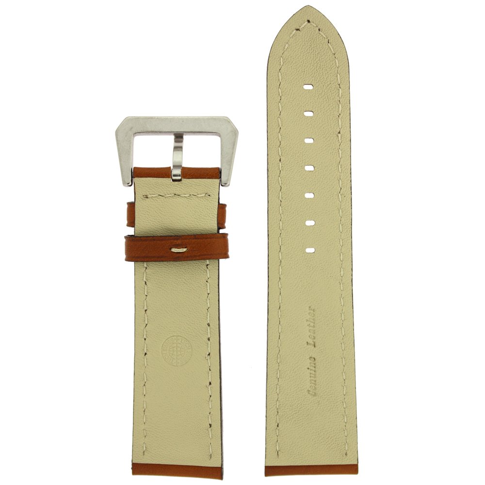 Watch Band Leather Lite Brown White Stitching Heavy Buckle Mens 22 millimeter