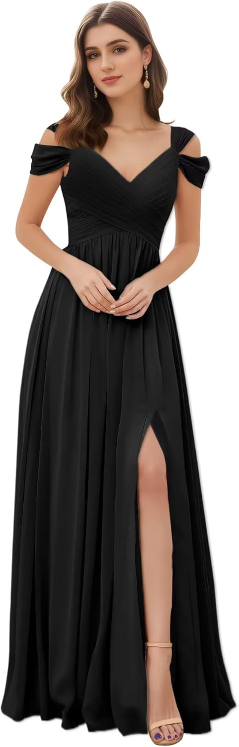 Women's Off The Shoulder Bridesmaid Dresses A-Line Formal Dresses Slit V-Neck Ruched Chiffon Evening Party Gowns
