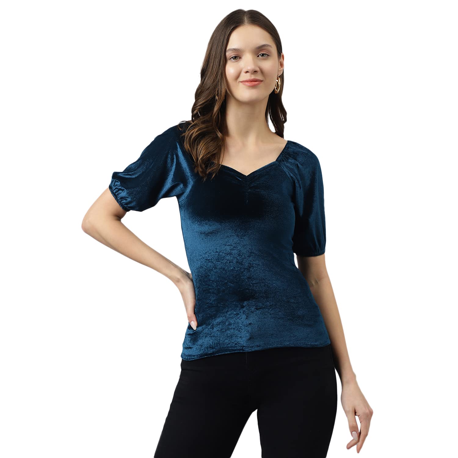 KERI PERRYWomen's Teal Blue Velvet Solid Straight Western Top |Summer Top |Western Top | Top for Women | Latest Women Top | Trendy Women Top