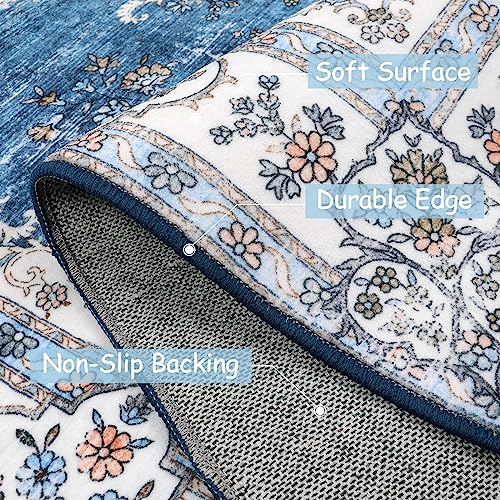 Lahome Persian Machine Washable 2'6"X8 Runner Rug,Soft Floral Hallway Rug Runner For Kitchen Laundry Entryway Mat,Throw Rugs With Rubber Backing Carpet Runner For Bathroom Indoor Decor, Blue #TOP2