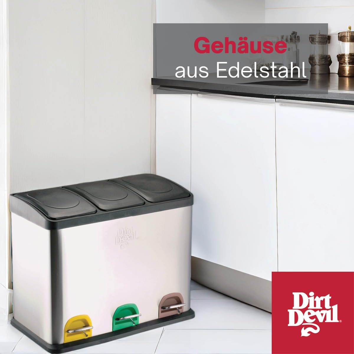 Dirt Devil Tretmülleimer 3 x 15L - Mülltrennsystem mit 3 Fächer - Abfalleimer Küche - Mülleimer mit Soft Close Deckel - 59 x 30 x 47.5 CM - Treteimer aus Edelstahl - Silber