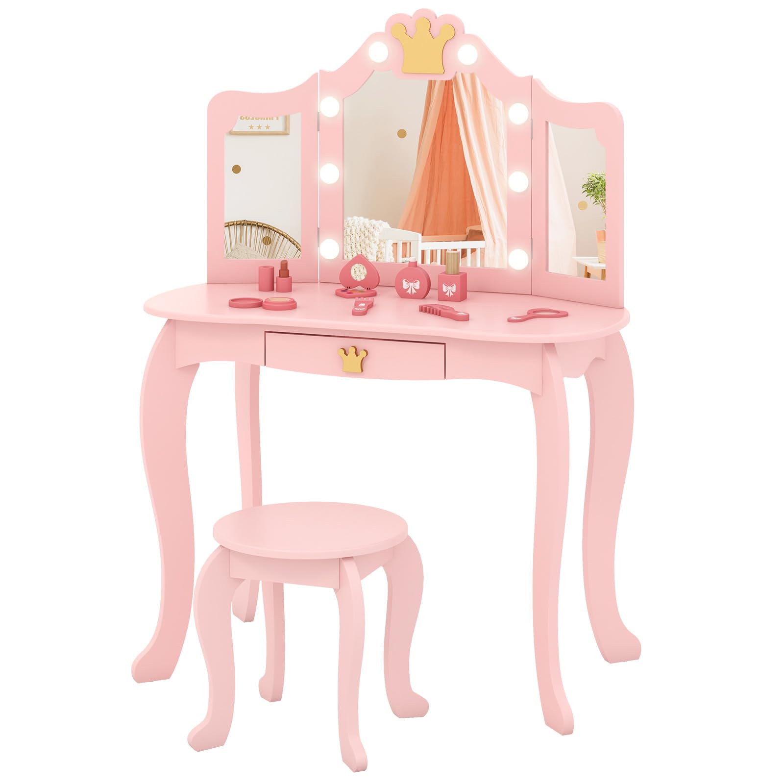 RELAX4LIFE Toeletta Trucco per Bambina con 8 Lampadine LED, 3 Colori di Luci, Specchiera Trucco con Sgabello, Toeletta in Legno, Specchio Rimovibile, per Bambini 3-7 Anni (Rosa)