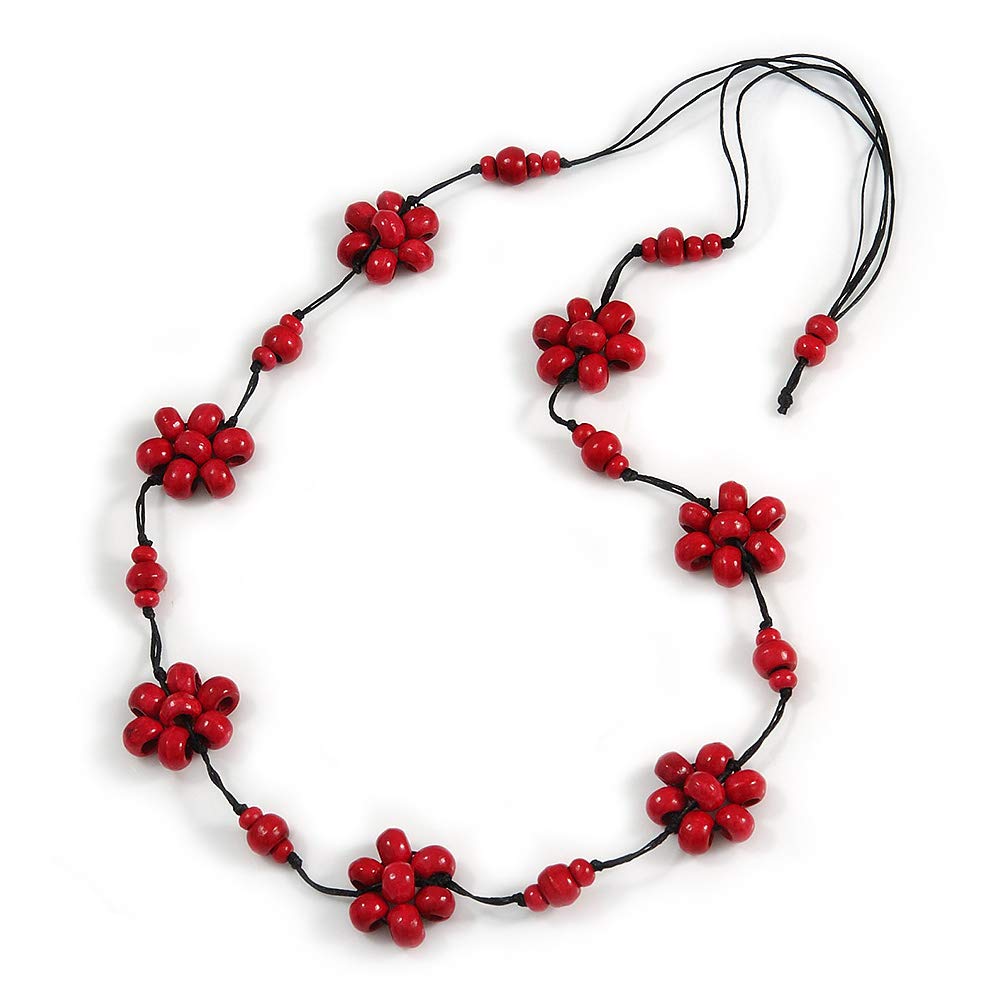 Avalaya Collar largo de cordón de algodón negro con flor de madera roja cereza, 90 cm de largo, talla única, Madera