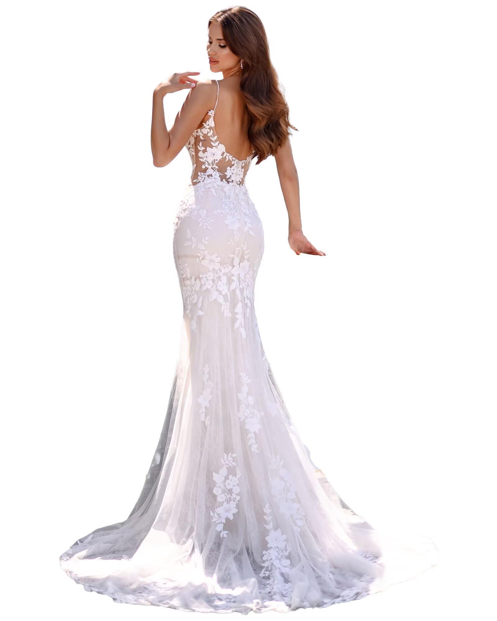 HUINI Damen Lange Brautkleid mit Schleppe Boho A-Linie Tüll Spitzenapplikationen Hochzeitskleider für die Braut