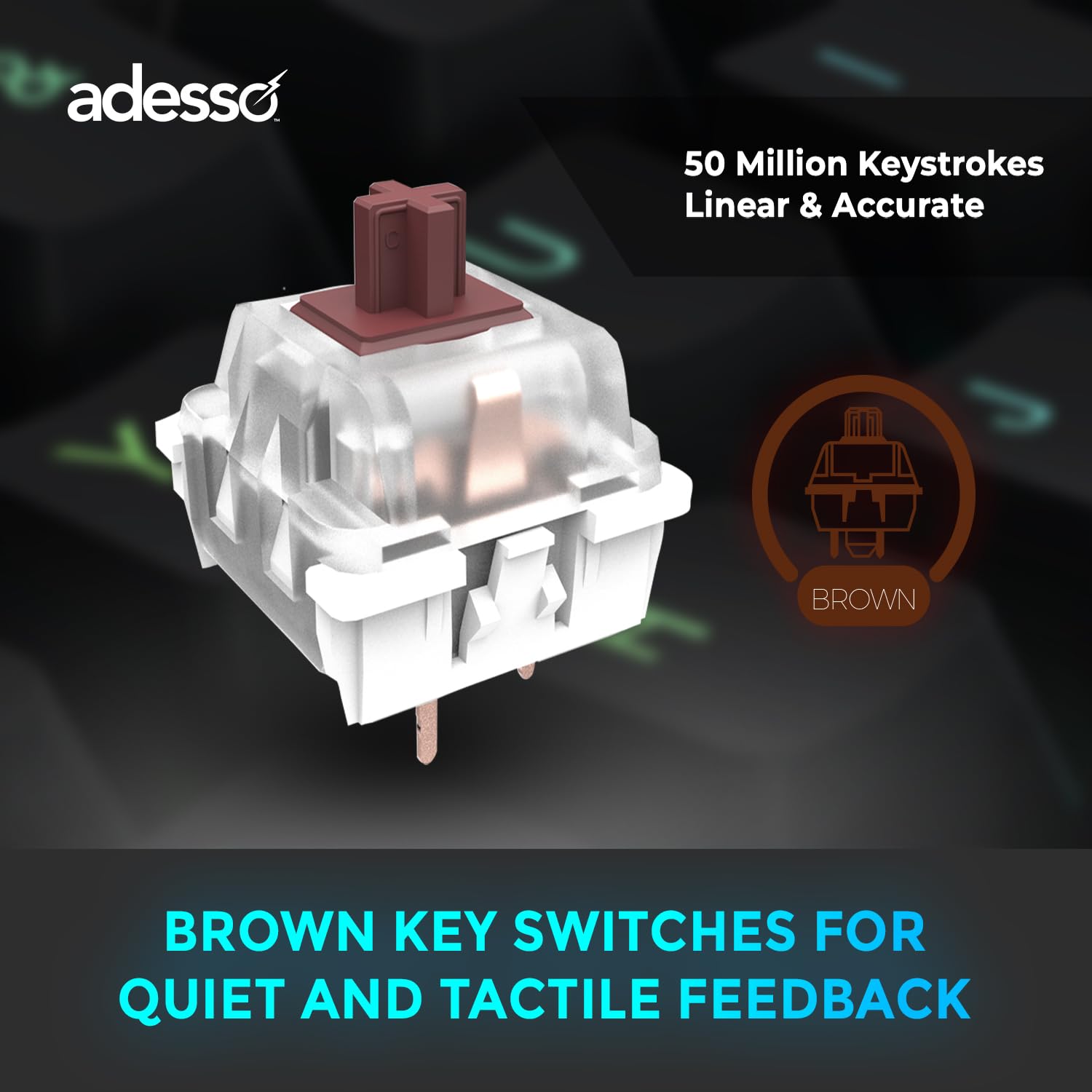 ADESSO EasyTouch 130 - Tastiera meccanica cablata USB con interruttori marroni, Hotkey AI Copilot dedicato, montato su guarnizione per una digitazione silenziosa, 2 tasti di stampa grandi e rollover