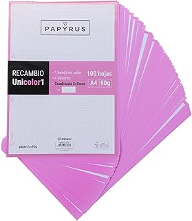 Unipapel 53392253. Recambios 100 Hojas A4, Cuadrículadas 5x5, Banda Color Rosa Claro, PaperClas90g, Papyrus - Unicolor 1