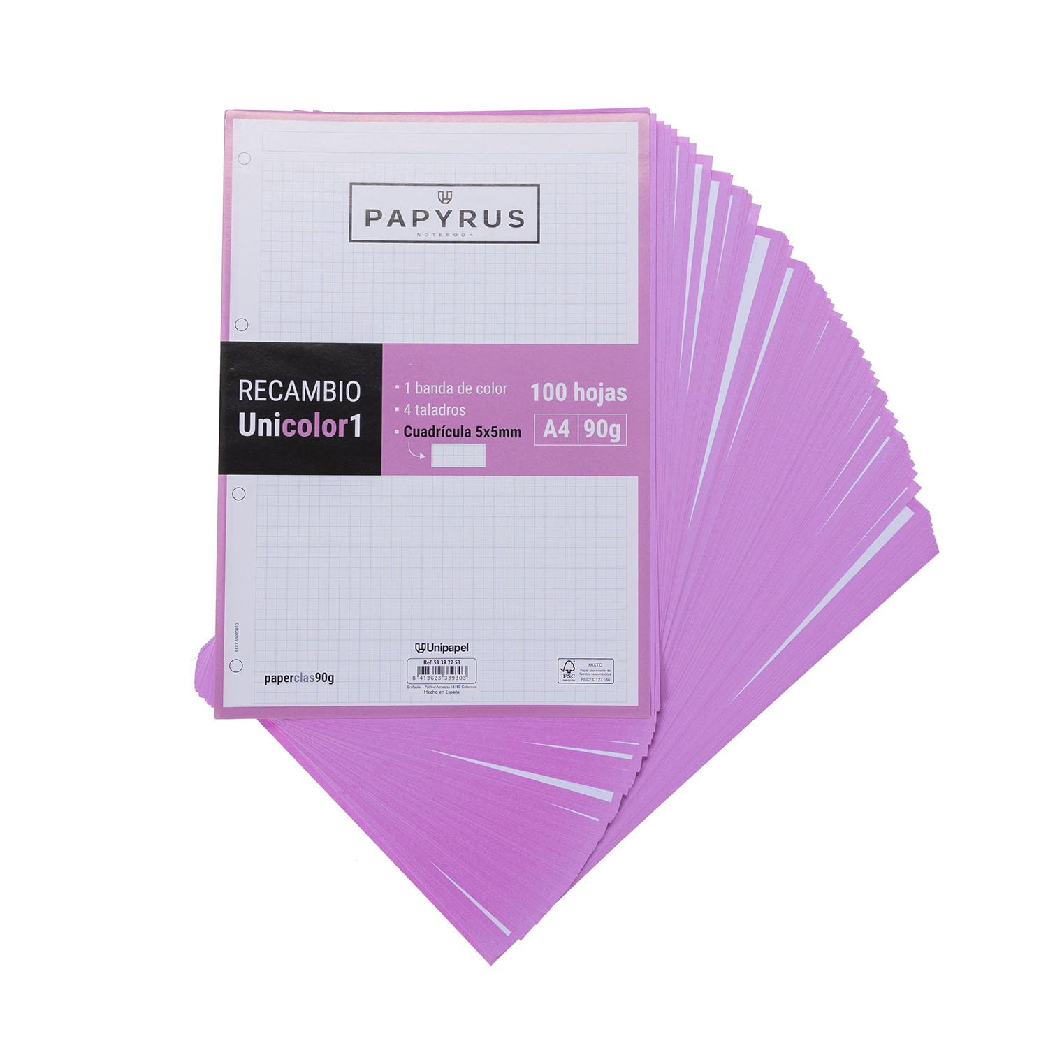 Unipapel 53392253. Refills 100 Sheets A4, 5 x 5, Light Pink Band, PaperClas90g, Papyrus – Solid 1