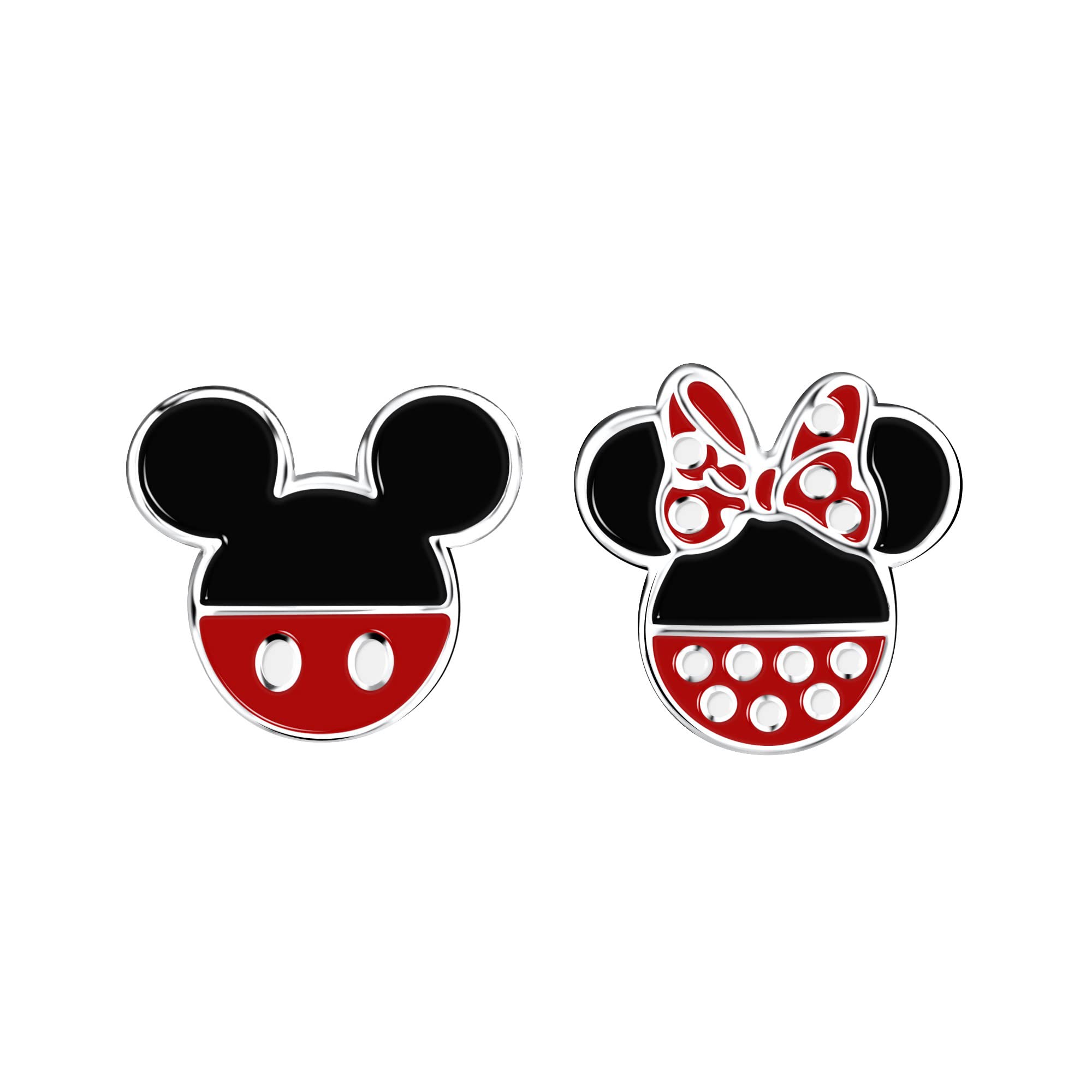 Disney Pendientes de tuerca de plata de ley con diseño de Mickey y Minnie Mouse, color negro y rojo, Plata de ley