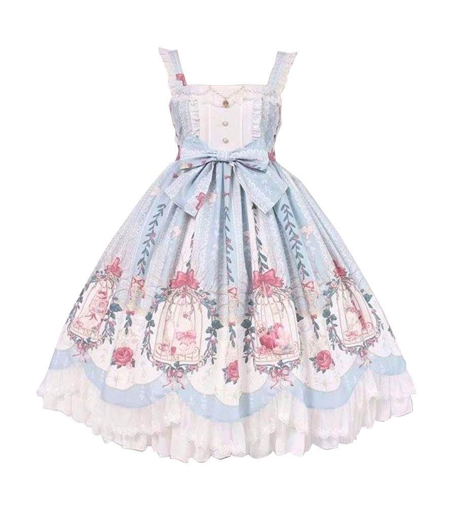 Nite closet Sweet Lolita Dress Blue Pink Sleeveless Costume Maid Knee Length Cross Printed Outfit