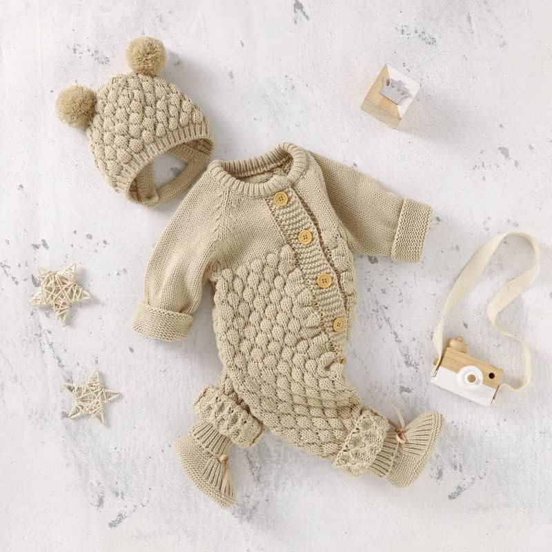 LAWKUL Baby Outfit Cotton Knit Newborn Infant Romper Knitted Longsleeve Sweater Clothes With Warm Hat Set Toddler Boy Girl - Image 3