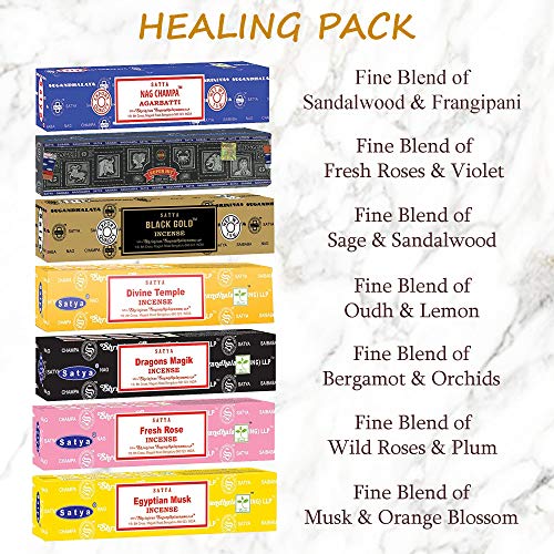 Image of Satya Incense Sticks Gift Set, 7 Scents, Nag Champa, Super Hit, Dragon's Blood, Sandalwood, Patchouli, Lavender, Positive Vibes, 15g Each (Healing Mix)