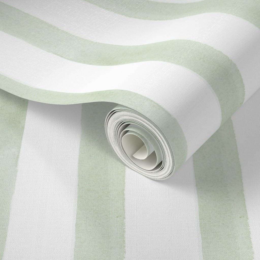 Peel & Stick Wallpaper 9ft x 2ft - Light Sage Stripe Celery Green Simple Minimal Modern Custom Removable Wallpaper by Spoonflower