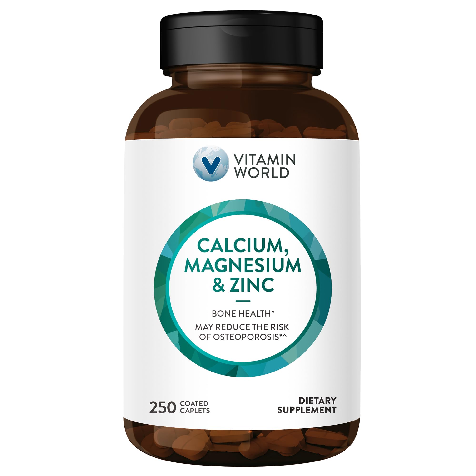 Vitamin World Calcium, Magnesium & Zinc, Supports Bone Health, 250 Caplets
