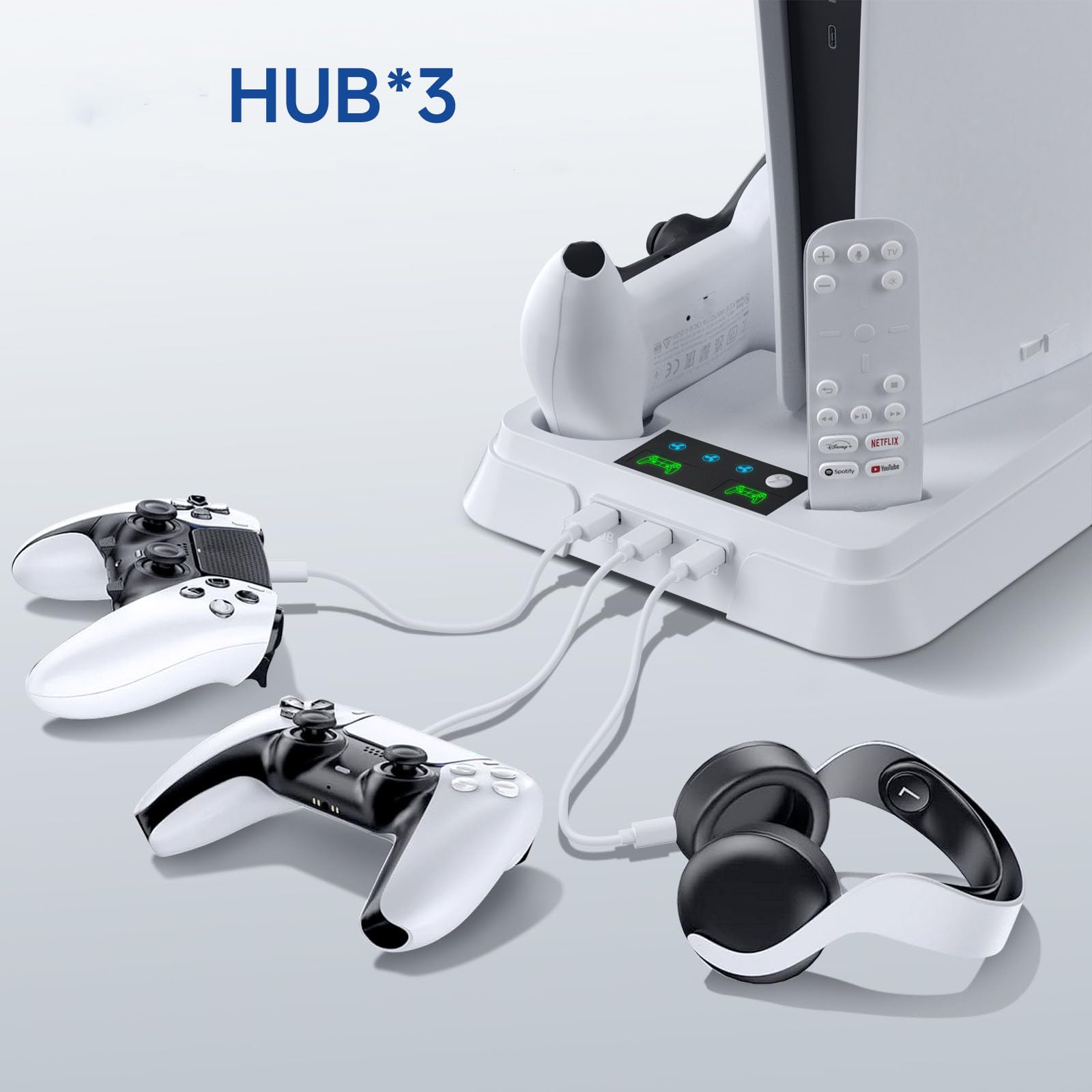 Supporto per stazione di raffreddamento per PS5 Slim/PS5 con stazione di ricarica per doppio controller, ventola di raffreddamento a 3 stadi, accessorio di raffreddamento, 3 hub USB (Bianco)