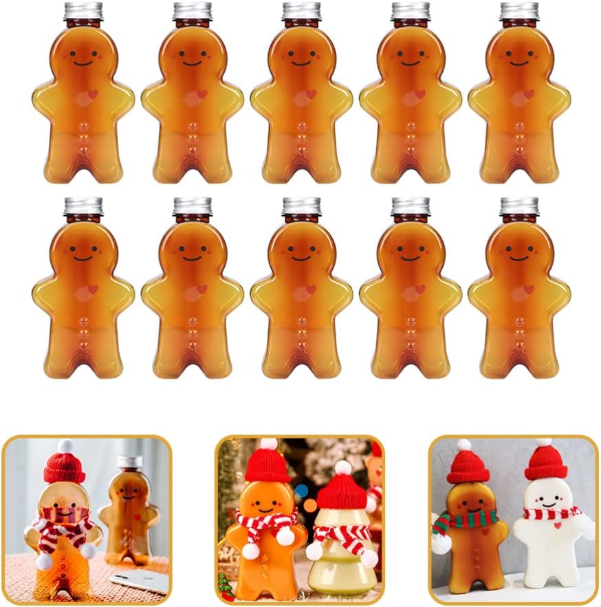 Alipis Christmas Gingerbread Man Drink Bottles Clear Pet Plastic Juice Bottles with Leakproof Lid for Milk Water Smoothies 7Oz 10Pcs Festive Party Beverage Containers