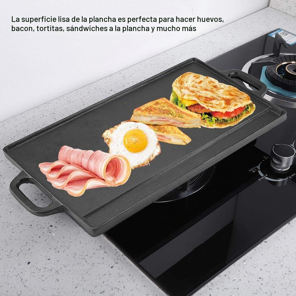 Plancha Hierro Fundido Antiadherente Doble Cara Reversible Dos Asas, para Barbacoa Parrilla Gas Carbón, Uso Horno Fuego Abierto 50.5x23.5x1.4cm