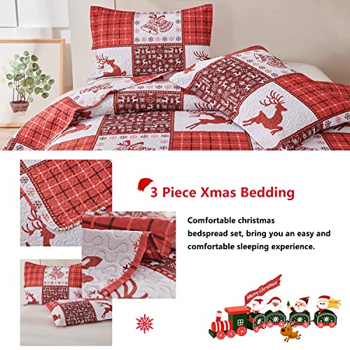 Christmas Bedding Set Queen/Full Size Xmas Plaid Moose Deer Quilt Bedspread Set Christmas Snowflake Bell Coverlet Reversible Rustic Lodge Reindeer Quilt With 2 Pillow Shams #TOP4