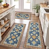 Tritard 100% Non Slip Kitchen Rugs Sets of 3 Washable Boho Kitchen Mats for Floor Vintage Farmhouse Kitchen Rug Soft Runner Rug for Hallway, Laundry Room, Indoor Entryway, Blue