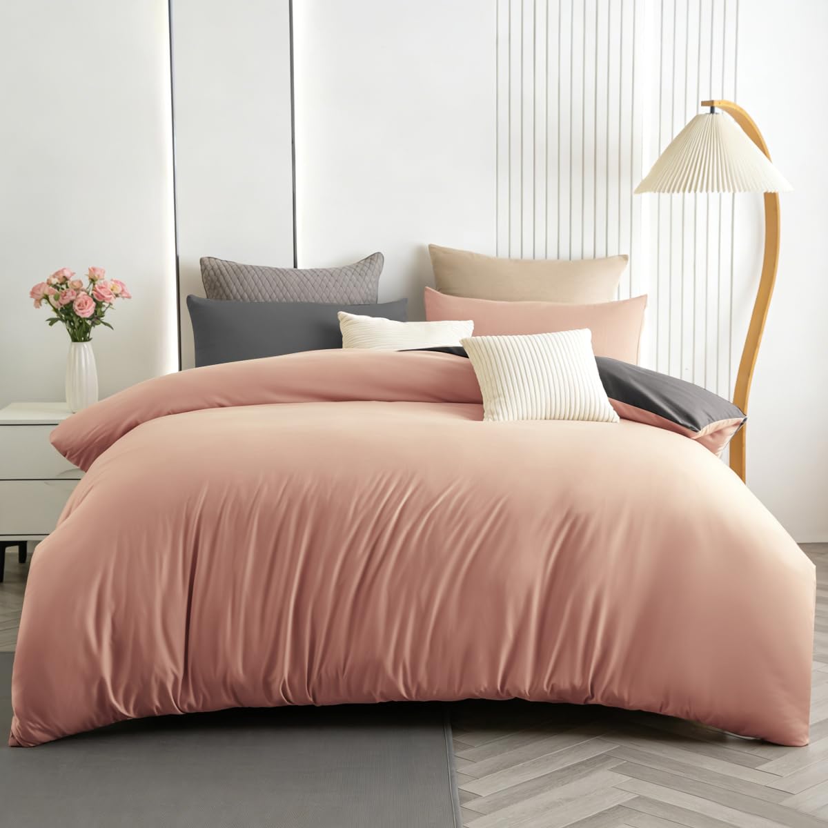 Soifox Superking Duvets Sets Pink and Dark Grey, 3 Piece Microfiber Reversible Super King Bedding Bed Sets, Soft and Non Iron Quilt Duvet Covers with 2 Pillowcases 50x75cm — image 1