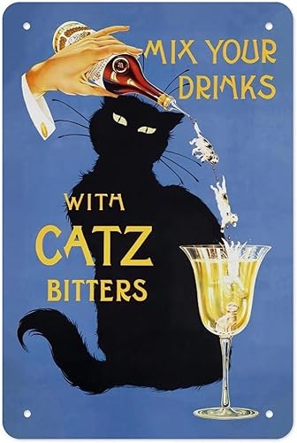 Mix Your Drinks with Catz Bitters Póster, decoración de carrito de bar, póster de arte de cóctel, letrero de metal de aspecto vintage, bar,