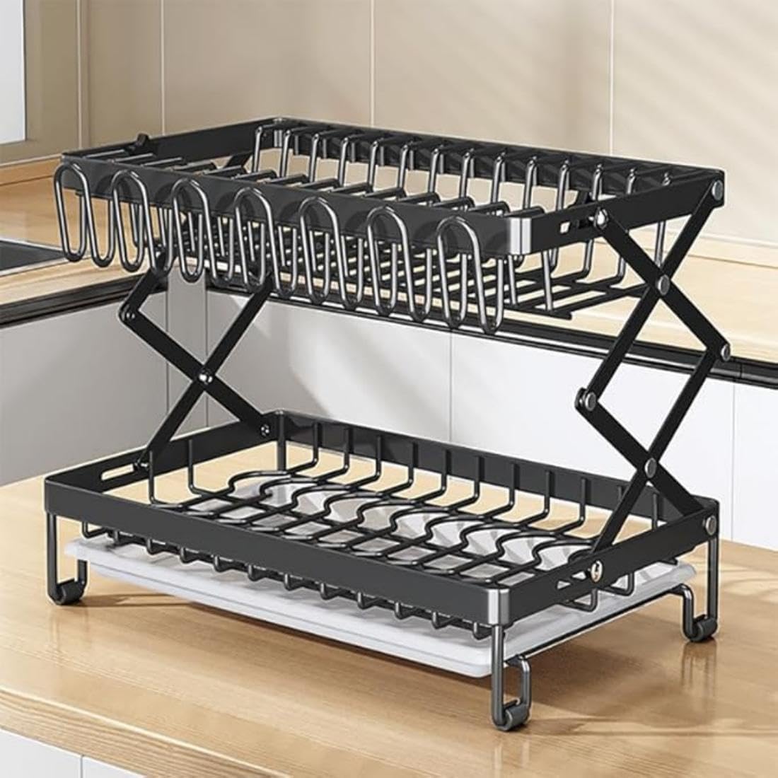 2 Tiers Dish Drying Rack with Detachable Drain Tray, Foldable Dish Rack with Utensil Holder Countertop Dish Drainer Organizer with Hooks for Kitchen Counter