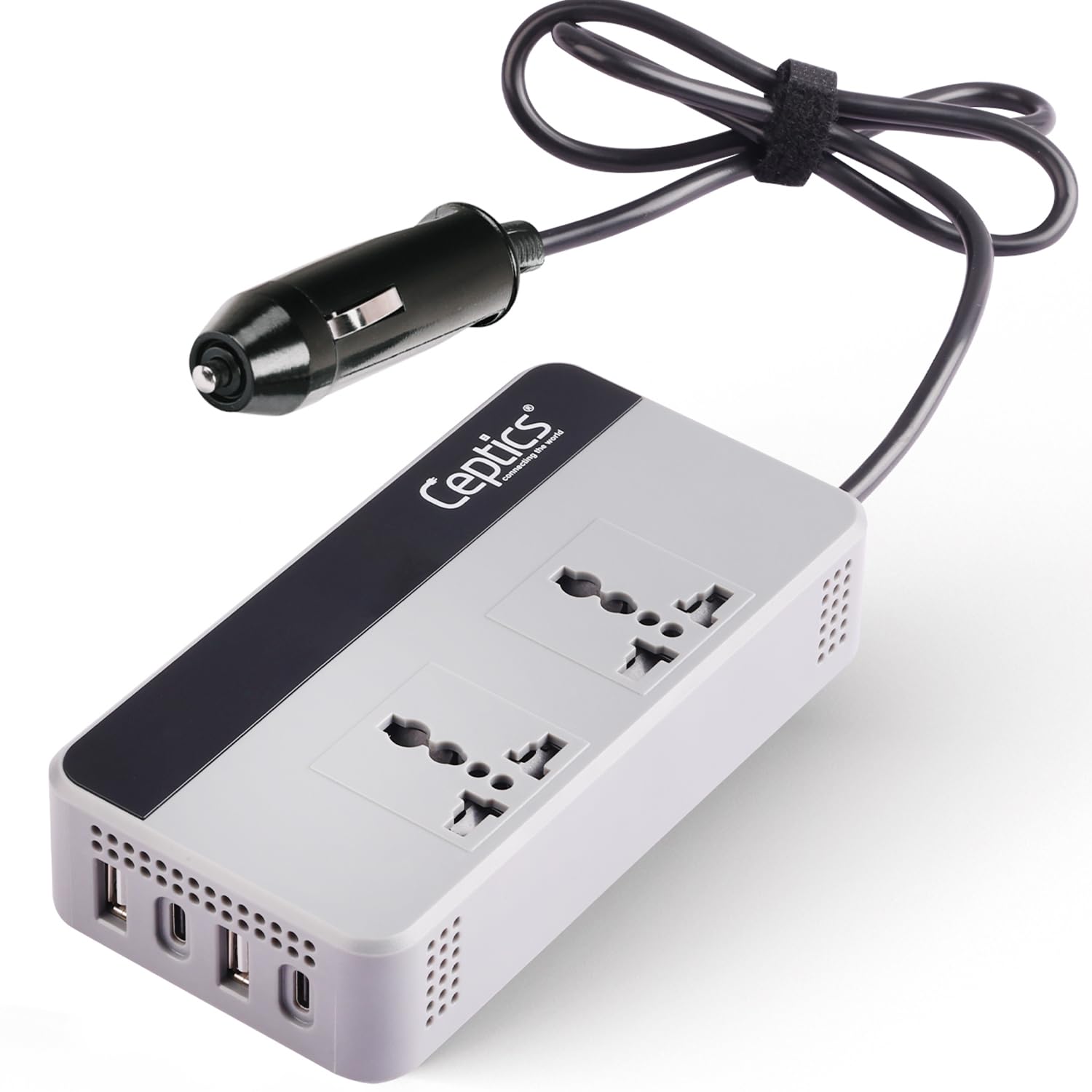 Ceptics 200W Car Laptop Charger/car Inverter with 2X Universal Outlet with SmartVoltage™ Technology, 12V DC to 220V-AC with 18 Months Warranty, 18W 2 USB-A, 2 USB-C with 18W QC 3.0 - Grey-image-6