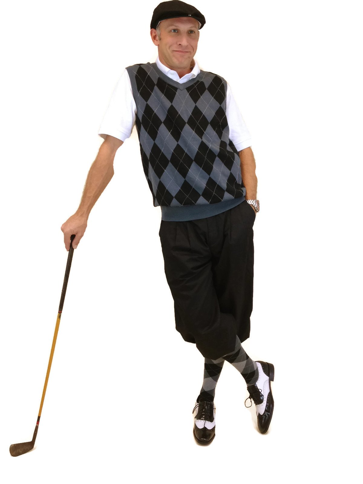 Men's Golf Outfit – Black Golf Knickers, Black/Grey Sweater, Socks and Cap